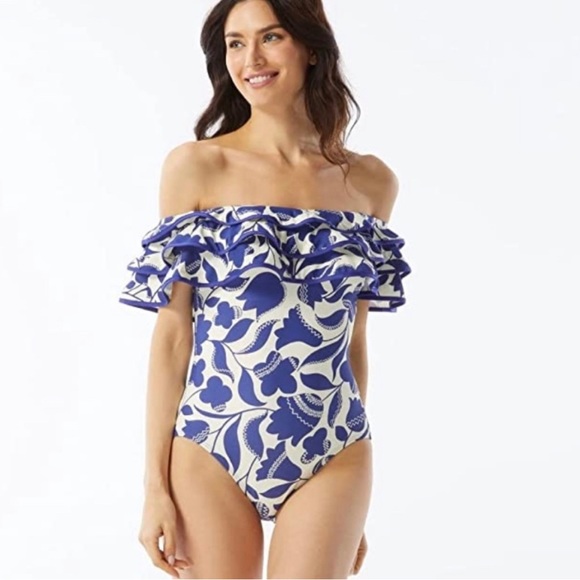 NWT Kate Spade New York Blue Berry Ruffle Off-the-shoulder One-piece Swimsuit - Picture 3 of 3